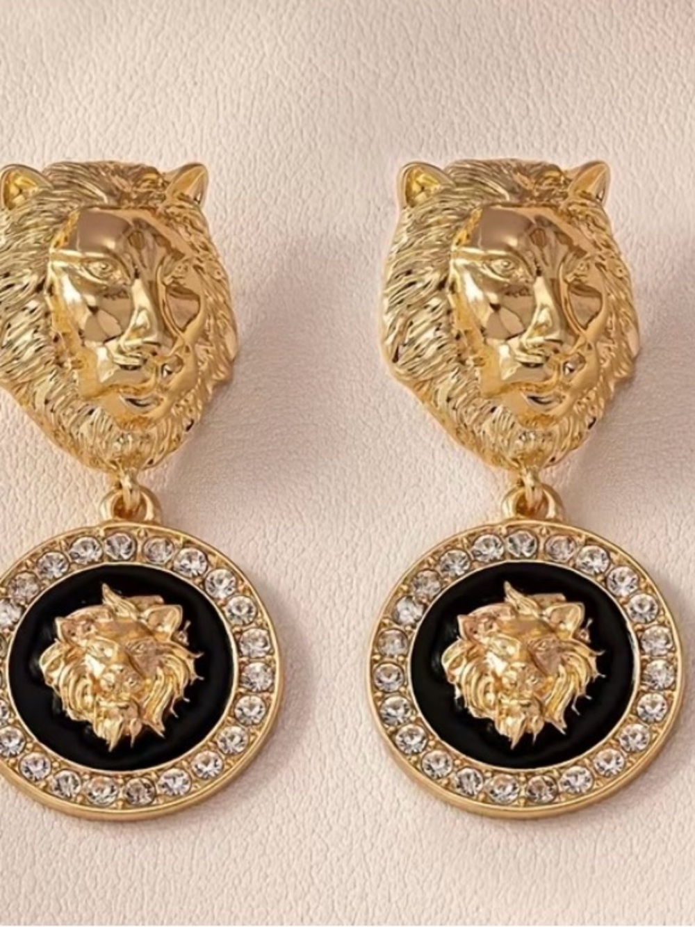 Gold Lion Head Drop Earrings w/ Black Disc Stud Statement Women’s Fashion NWT - Picture 2 of 6